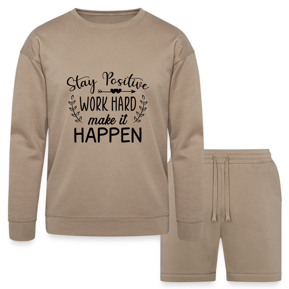 Stay Positive, Work Hard, Make it Happen. Bella + Canvas Unisex Sweatshirt & Short Set - tan